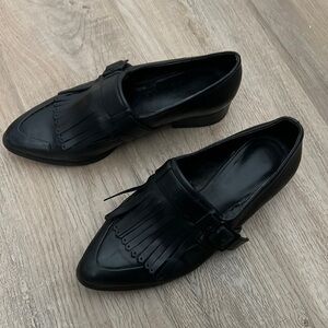 Leather Pointed Toe Loafer Mini Block Heel with fringe - detachable detail